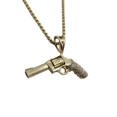 Lant de aur 14k cu pandantiv pistol Revolver cu diamante