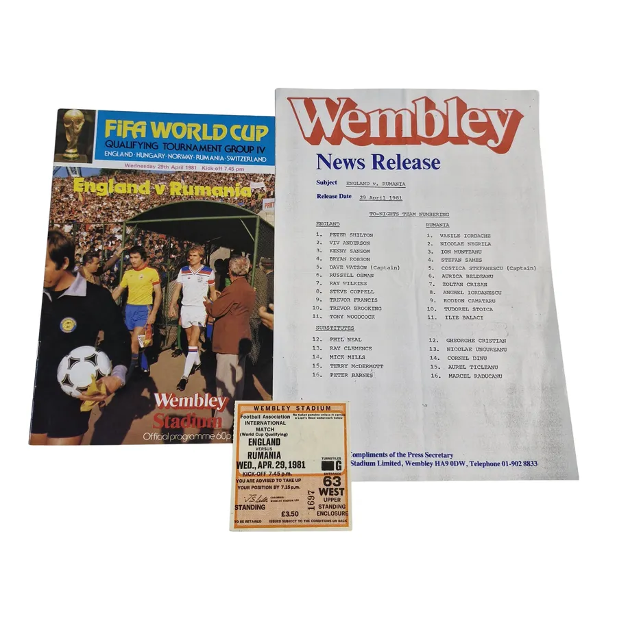 Program + Bilet fotbal Anglia vs Romania 1981 WEMBLEY STADIUM