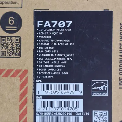 Laptop gaming ASUS TUF A17 FA707 AMD Ryzen 9 7940HS, RTX4070, 32GB, 1TB SSD 5
