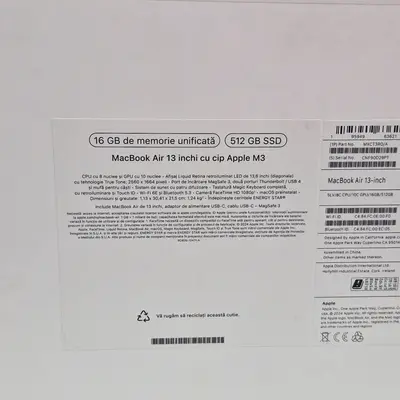 Laptop APPLE MacBook Air 13 M3, 16gb, 512gb, 29 cicluri incarcare 5