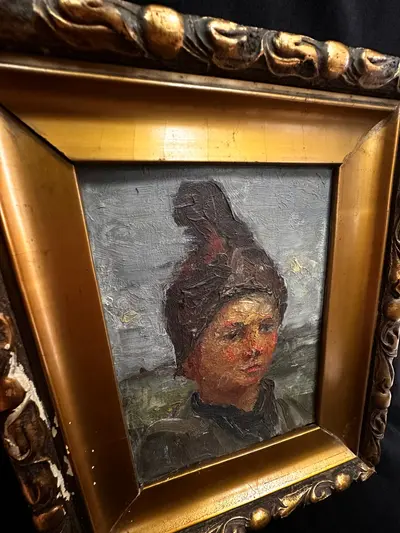 Pictură în ulei pe carton cu ramă aurie 2