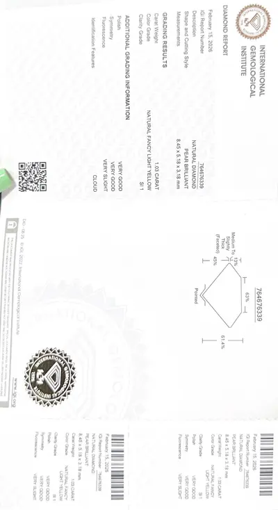 Diamant Natural 1.03 ct Fancy Light Yellow IGI – Pear Brilliant, Certificat 2